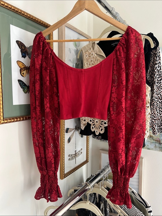 Urban Outfitters Tops - Urban Outfitters M Red Lace Detail stretchy crop Top with long sleeves
